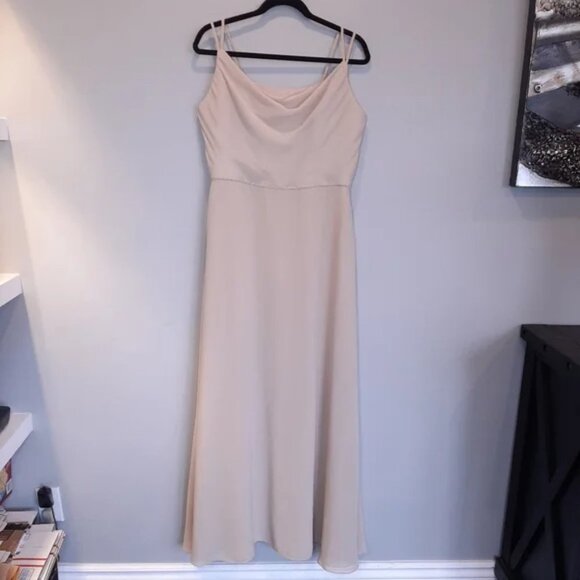 Bella Formals Nude Draped Neck Beaded Waist A-Line Prom Wedding Dress - Picture 10 of 16